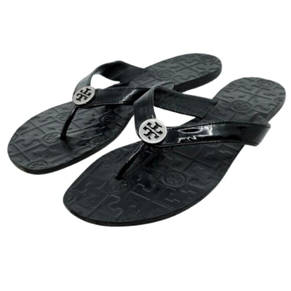 TORY BURCH~Thora~BLACK PATENT LEATHER FLIP FLOP REVA LOGO SANDALS SIZE 10M - Picture 1 of 6